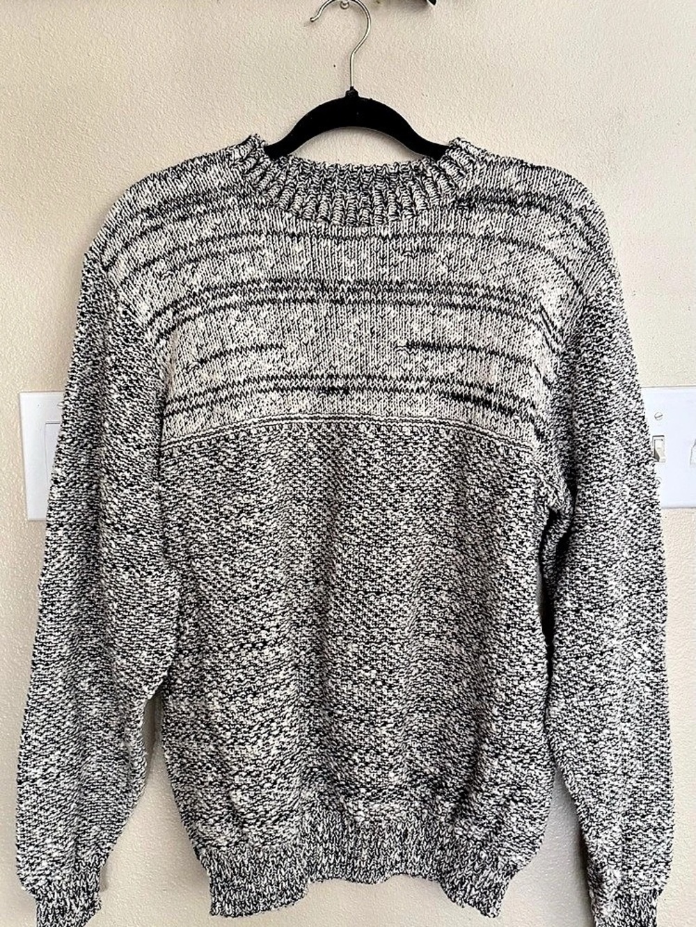 Vintage Neil Martin Men’s Large 100% Cotton Marled Knit Sweater Black Cream 90s